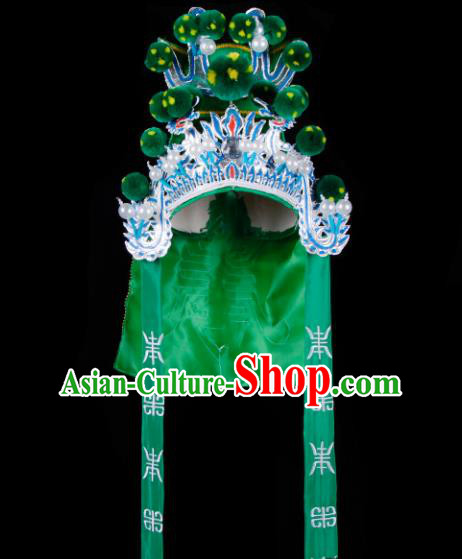 Chinese Handmade Beijing Opera Takefu Hat Traditional Ancient General Green Helmet for Men
