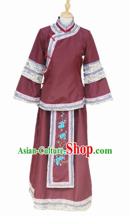 Traditional Chinese Republican Period Young Mistress Purplish Red Dress Ancient Landlord Shiva Costume for Women