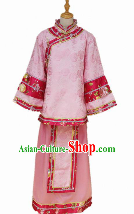 Traditional Chinese Republican Period Young Mistress Pink Dress Ancient Landlord Shiva Costume for Women