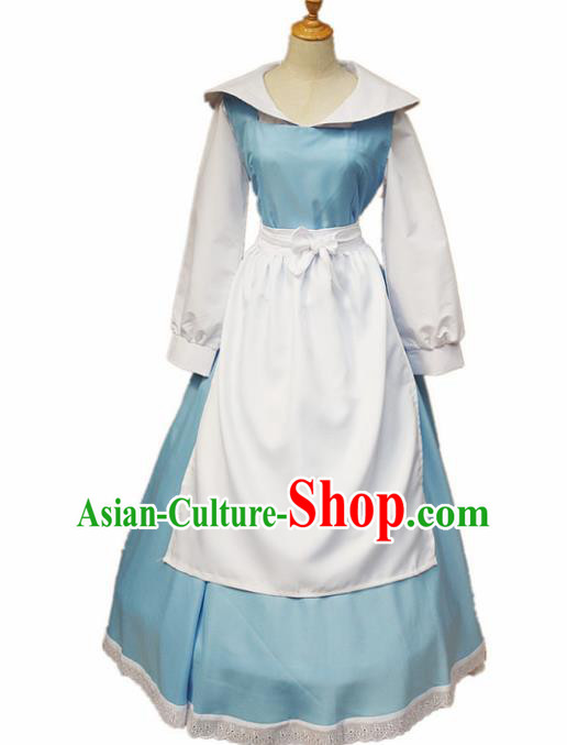 Europe Medieval Traditional Costume European Maidservant Blue Dress for Women