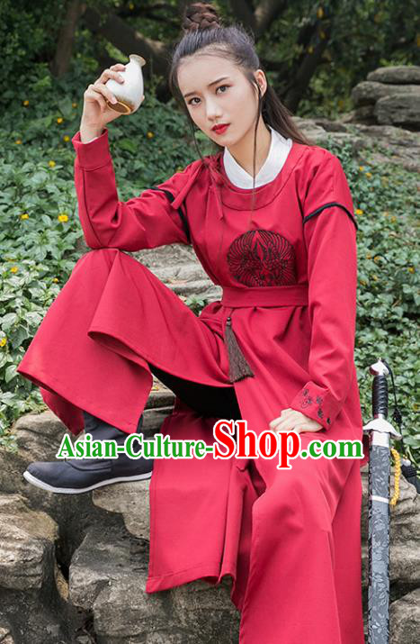 Traditional Chinese Tang Dynasty Young Swordswoman Red Robe Ancient Female Knight Costume for Women