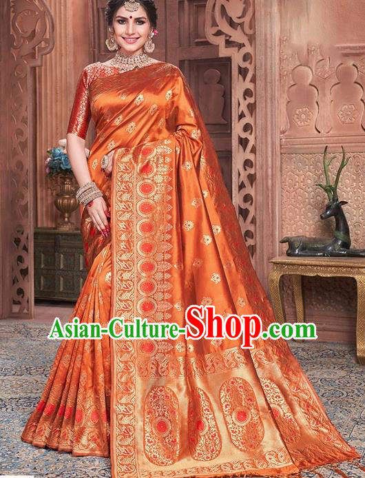 Indian Traditional Costume Asian India Embroidered Orange Sari Dress Bollywood Court Queen Clothing for Women