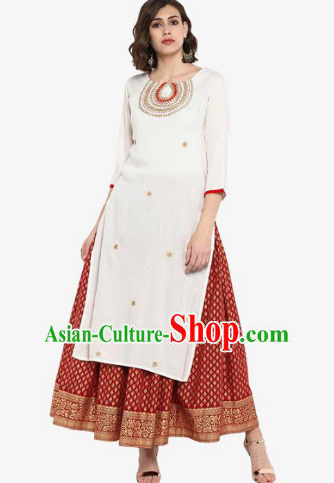 Asian India Traditional Informal Costumes South Asia Indian National White Blouse and Dress for Women