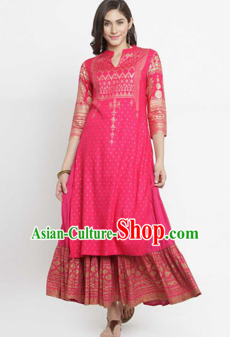 Asian India Traditional Informal Costumes South Asia Indian National Rosy Blouse and Dress for Women