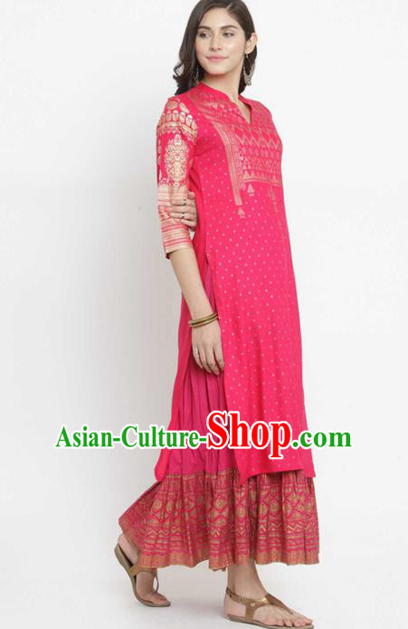 Asian India Traditional Informal Costumes South Asia Indian National Rosy Blouse and Dress for Women