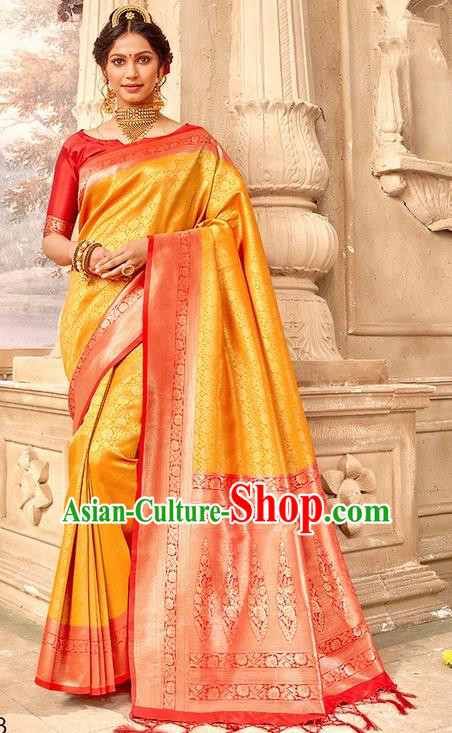 Indian Traditional Costume Asian India Golden Brocade Sari Dress Bollywood Court Queen Clothing for Women