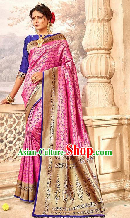 Indian Traditional Costume Asian India Rosy Brocade Sari Dress Bollywood Court Queen Clothing for Women