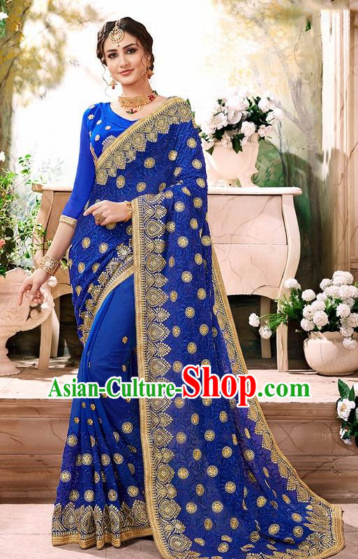 Indian Traditional Court Costume Asian India Royalblue Sari Dress Bollywood Queen Clothing for Women