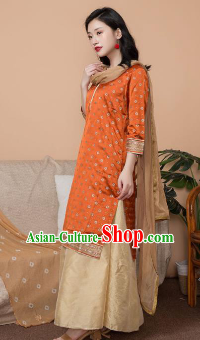 Asian India Traditional Informal Costumes South Asia Indian National Orange Blouse and Dress for Women