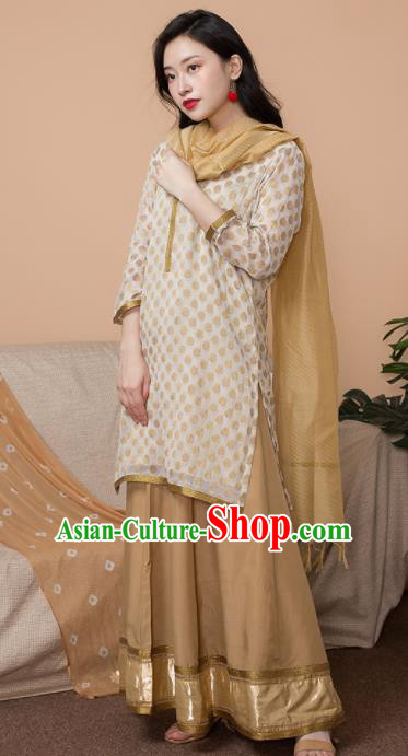 Asian India Traditional Informal Punjabi Costumes South Asia Indian National Khaki Blouse and Dress for Women