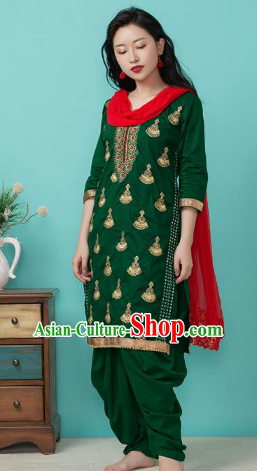 Asian India Traditional Punjabi Costumes South Asia Indian National Informal Atrovirens Blouse and Pants for Women