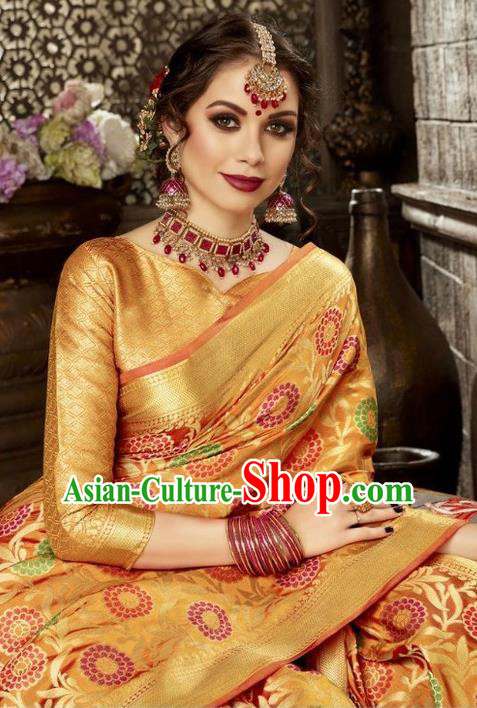 Asian India Traditional Golden Sari Dress Indian Court Costume Bollywood Queen Clothing for Women