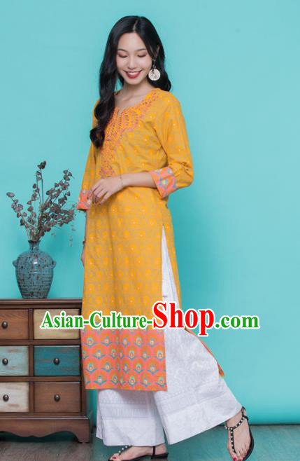 Asian India Traditional Costumes South Asia Indian National Yellow Blouse and Pants for Women