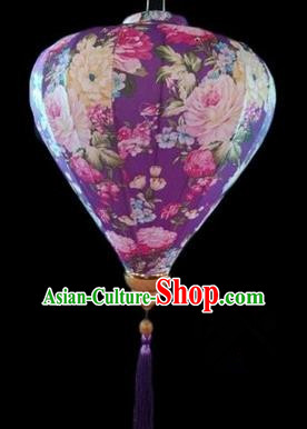 Chinese Traditional Lantern Handmade Printing Peony Deep Purple Lanterns Ceiling Lamp New Year Lantern