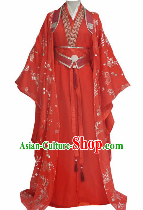 Traditional Chinese Tang Dynasty Swordsman Red Clothing Ancient Bridegroom Costume for Men