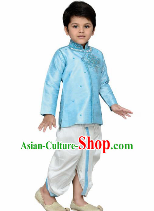 Asian India Traditional Costumes South Asia Indian National Blue Shirt and White Pants for Kids