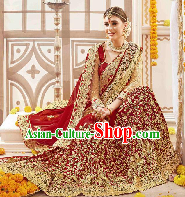 Asian India Traditional Bollywood Bride Wine Red Sari Dress Indian Court Queen Wedding Costume for Women