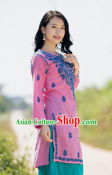 South Asian India Traditional Punjabi Costumes Asia Indian National Pink Blouse and Pants for Women