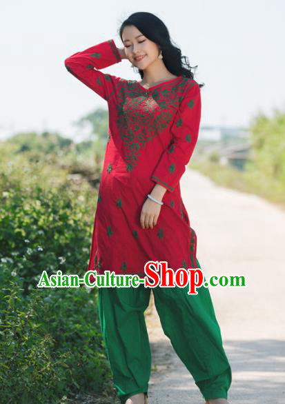 South Asian India Traditional Punjabi Costumes Asia Indian National Red Blouse and Pants for Women