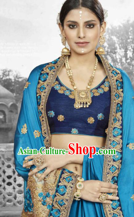 India Traditional Bollywood Blue Sari Dress Asian Indian Court Wedding Bride Costume for Women