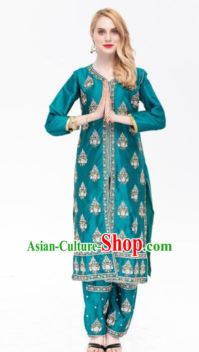 South Asian India Traditional Punjabi Costumes Asia Indian National Yoga Peacock Green Blouse and Pants for Women