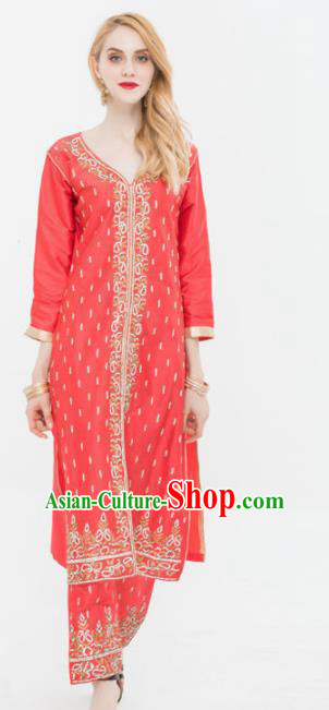 South Asian India Traditional Punjabi Costumes Asia Indian National Yoga Red Blouse and Pants for Women