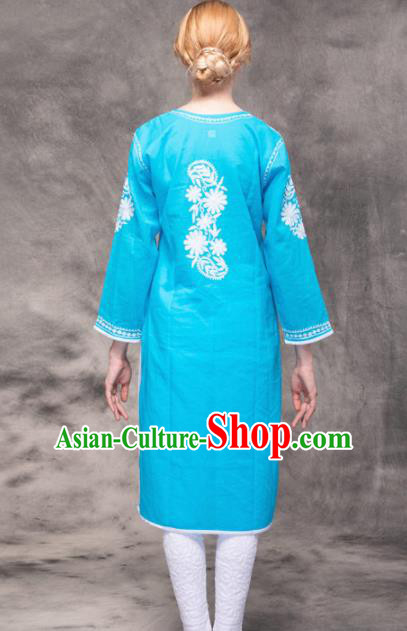 South Asian India Traditional Yoga Costumes Asia Indian National Punjabi Blue Blouse and Pants for Women