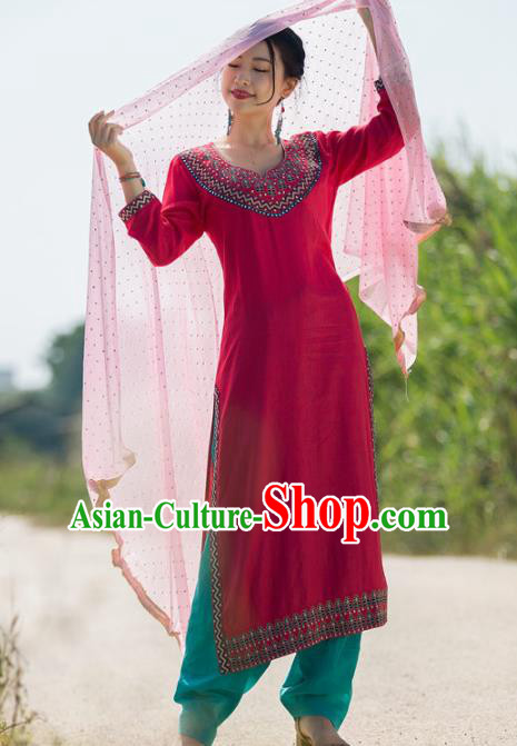 South Asian India Traditional Punjabi Costumes Asia Indian National Rosy Blouse and Pants for Women