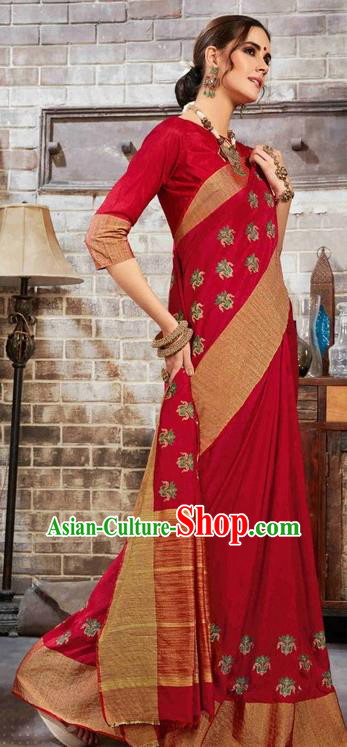 South Asian India Traditional Bollywood Wine Red Sari Dress Indian Court Wedding Bride Costume for Women