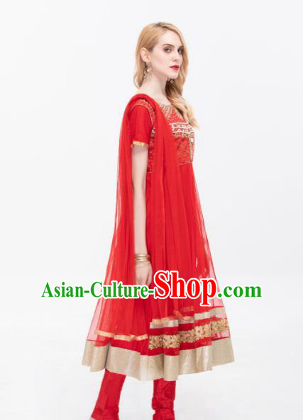 South Asian India Traditional Red Costumes Asia Indian National Punjabi Dress and Pants for Women