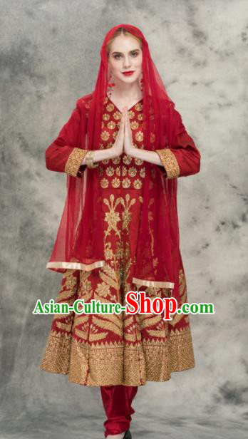 South Asian India Traditional Purplish Red Costumes Asia Indian National Punjabi Dress and Pants for Women