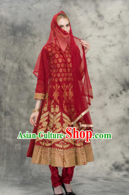 South Asian India Traditional Purplish Red Costumes Asia Indian National Punjabi Dress and Pants for Women