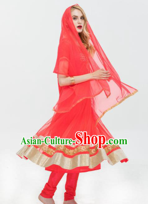 South Asian India Traditional Watermelon Red Costumes Asia Indian National Punjabi Dress and Pants for Women