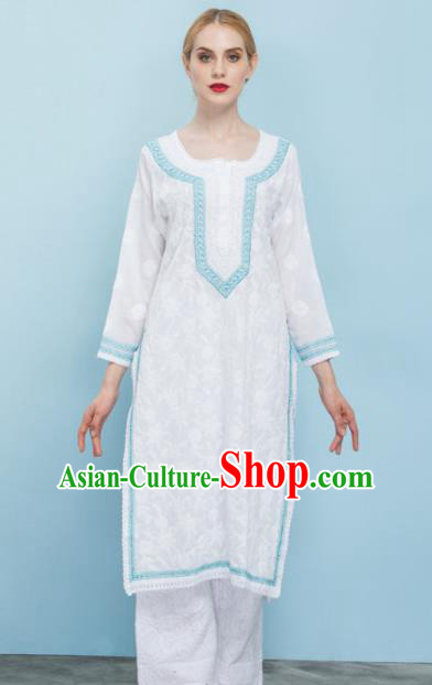 South Asian India Traditional Yoga Costumes Asia Indian National White Punjabi Suit Dress and Pants for Women