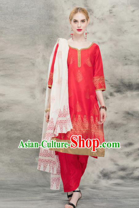 South Asian India Traditional Yoga Dress Asia Indian National Red Punjabi Suit Costume for Women