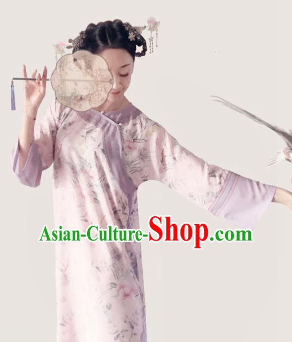 Traditional Chinese Printing Light Pink Cheongsam Tang Suit Qipao Dress National Costume for Women