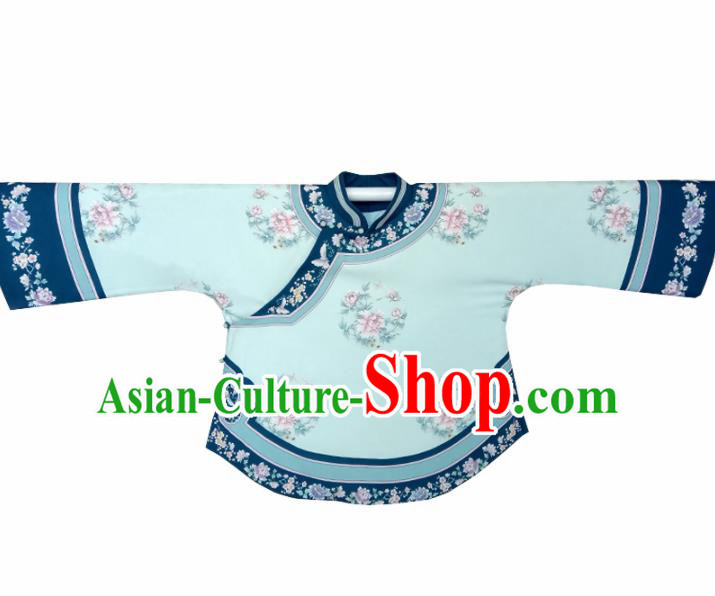 Traditional Chinese Tang Suit Printing Peony Green Blouse Upper Outer Garment National Costume for Women