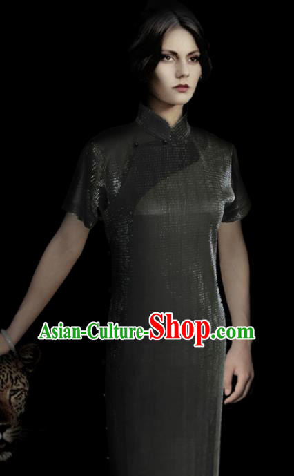 Traditional Chinese Black Cheongsam Tang Suit Qipao Dress National Costume for Women