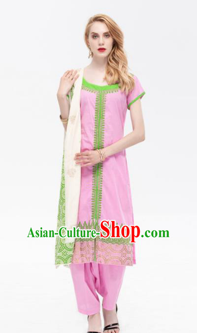 South Asian India Traditional Pink Costume Asia Indian National Punjabi Suit for Women