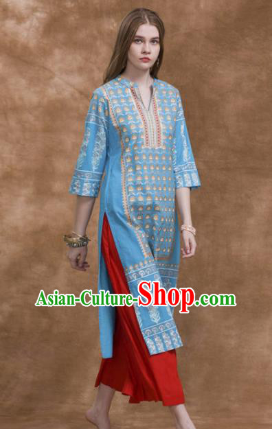 South Asian India Traditional Costume Blue Dress Asia Indian National Punjabi Suit for Women