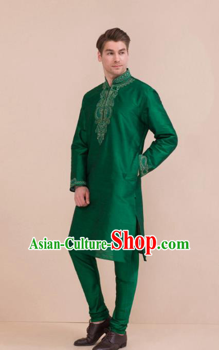 South Asian India Traditional Costume Green Coat and Pants Asia Indian National Suit for Men