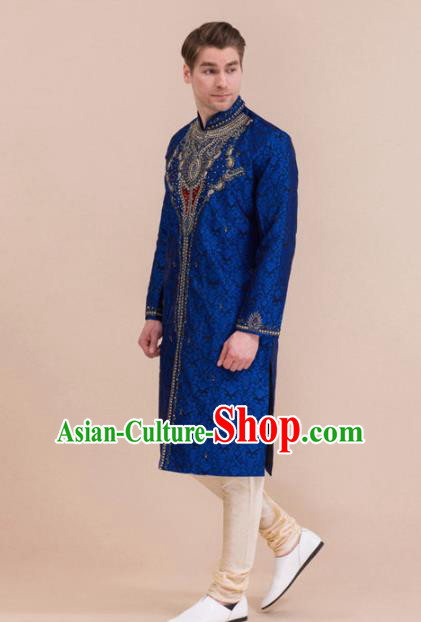 South Asian India Traditional Costume Royalblue Coat and Pants Asia Indian National Suit for Men