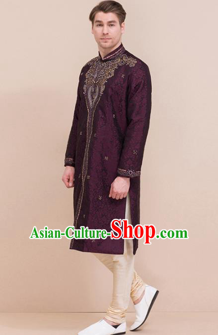 South Asian India Traditional Costume Purple Coat and Pants Asia Indian National Suit for Men