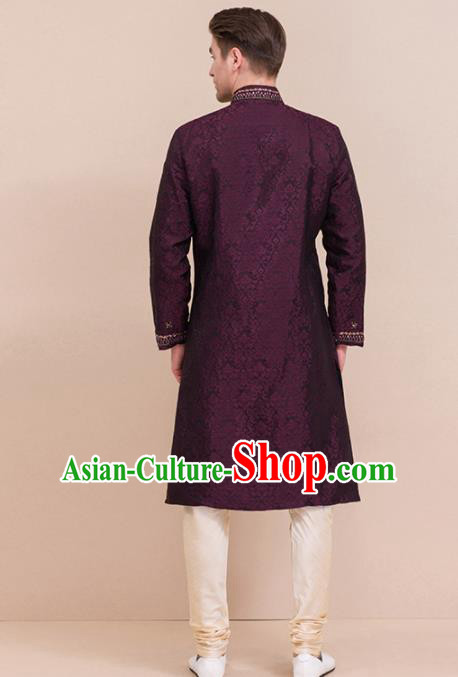 South Asian India Traditional Costume Purple Coat and Pants Asia Indian National Suit for Men