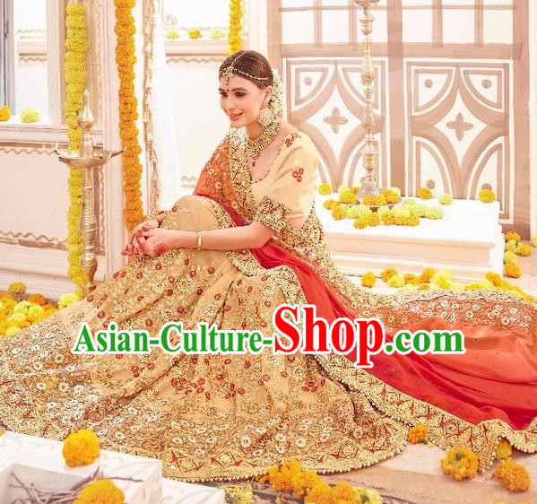 Asian India Traditional Wedding Bride Orange Sari Dress Indian Bollywood Court Costume for Women