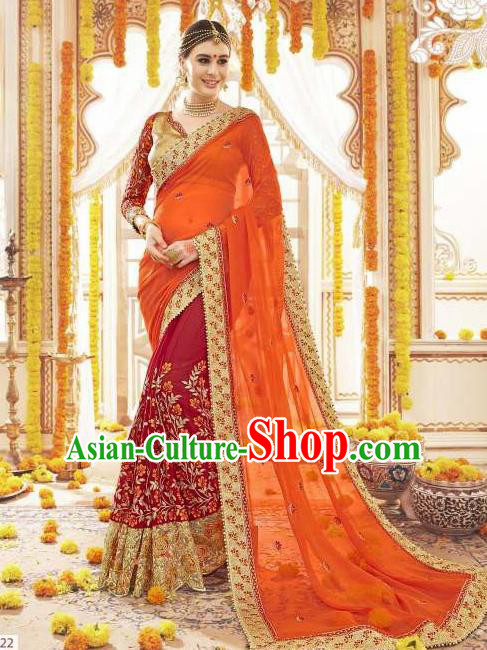 Asian India Traditional Wedding Sari Dress Indian Bollywood Court Bride Orange Costume for Women
