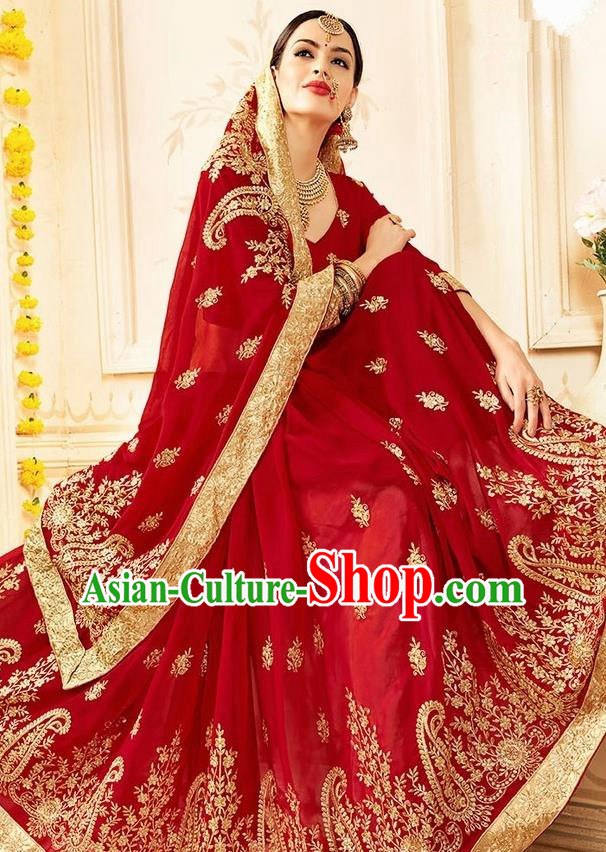 Asian India Traditional Red Sari Dress Indian Bollywood Court Queen Nobility Bride Costume for Women