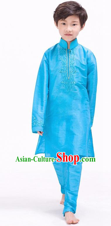 South Asian India Traditional Costume Blue Shirt and Pants Asia Indian National Suit for Kids