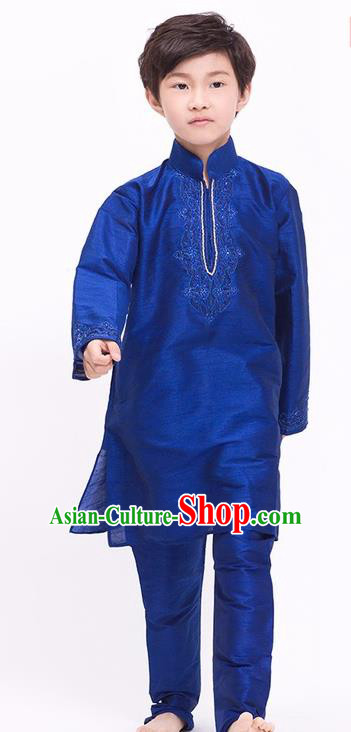 South Asian India Traditional Costume Royalblue Shirt and Pants Asia Indian National Suit for Kids