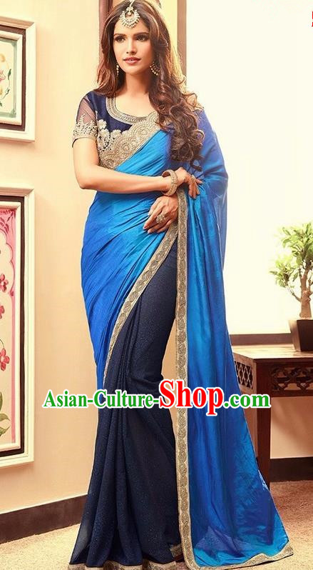 Indian Traditional Royalblue Sari Dress Asian India Court Princess Bollywood Embroidered Costume for Women